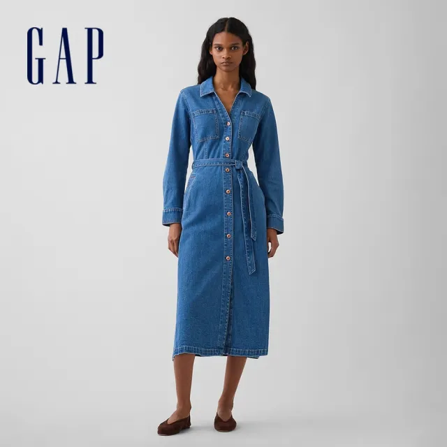 【GAP】牛仔綁帶襯衫式中長洋裝-中度水洗(912601)
