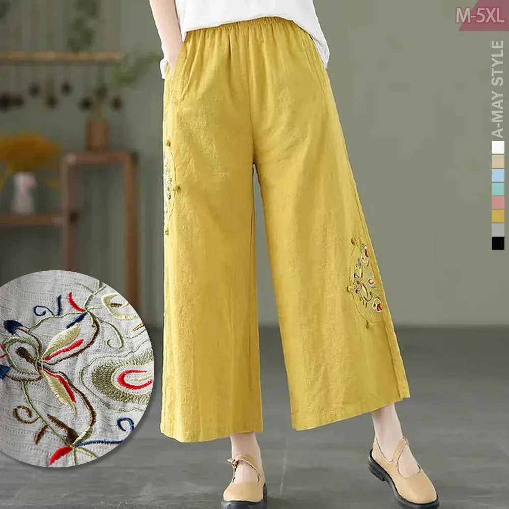 【Amay Style 艾美時尚】夏新品 中大尺碼女裝 休閒褲 復古繡花棉麻休閒九分寬褲。M-5XL(8色.預購)