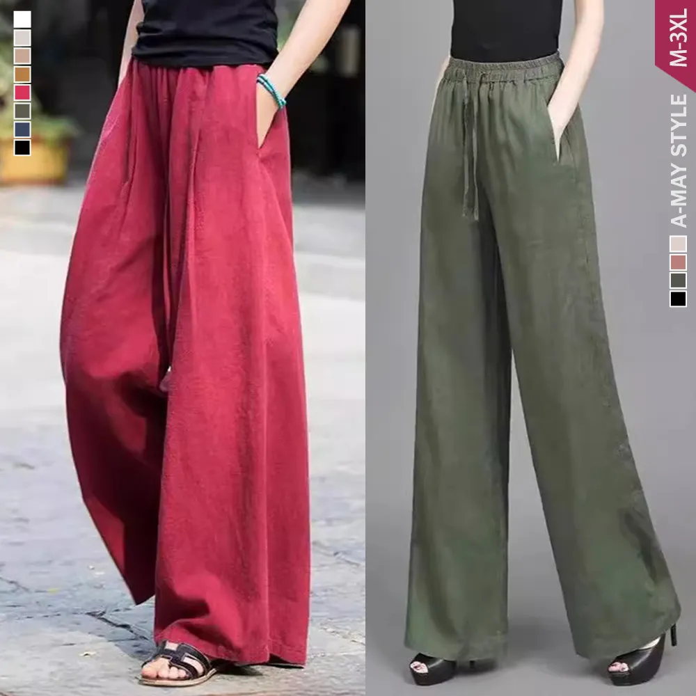 【Amay Style 艾美時尚】中大尺碼女裝 休閒褲 極簡棉麻感顯瘦休閒長腿寬褲。M-3XL(2款多色.預購)