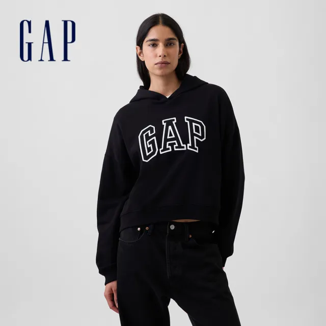 【GAP】寬鬆Gap Logo法式毛圈布連帽T-黑色(911052)