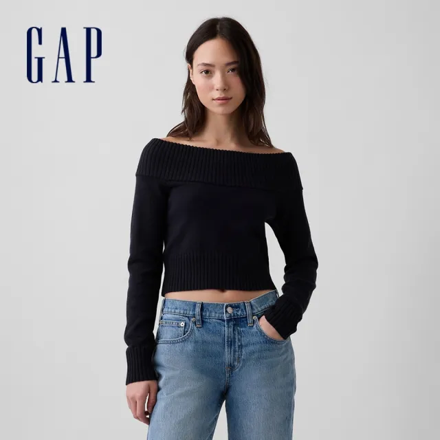 【GAP】短版露肩毛衣-無月黑(910613)