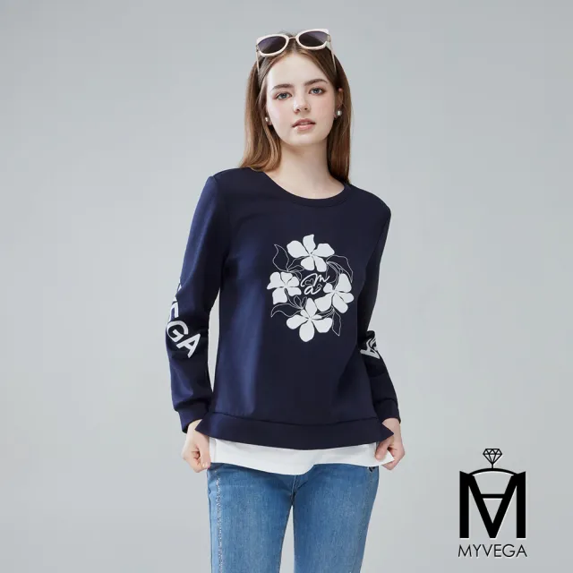 【MYVEGA 麥雪爾】MA棉質優雅環狀花卉下擺拼接上衣-深藍
