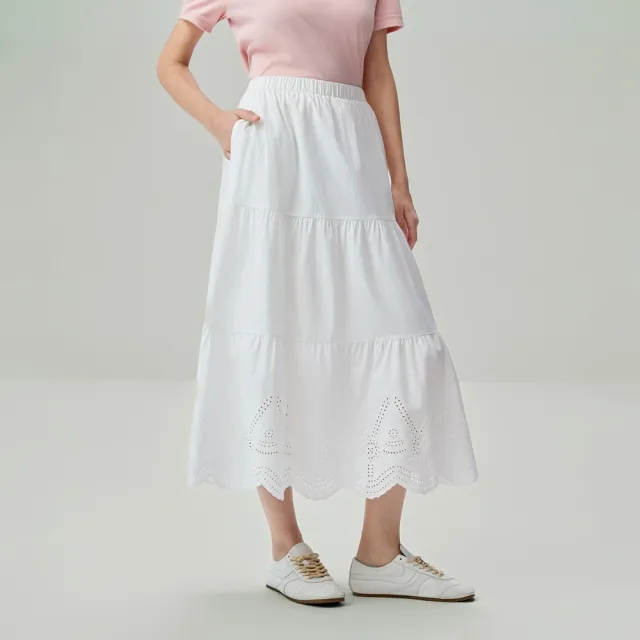 【GIORDANO 佐丹奴】女裝質感刺繡花邊蛋糕長裙(02 皎白)