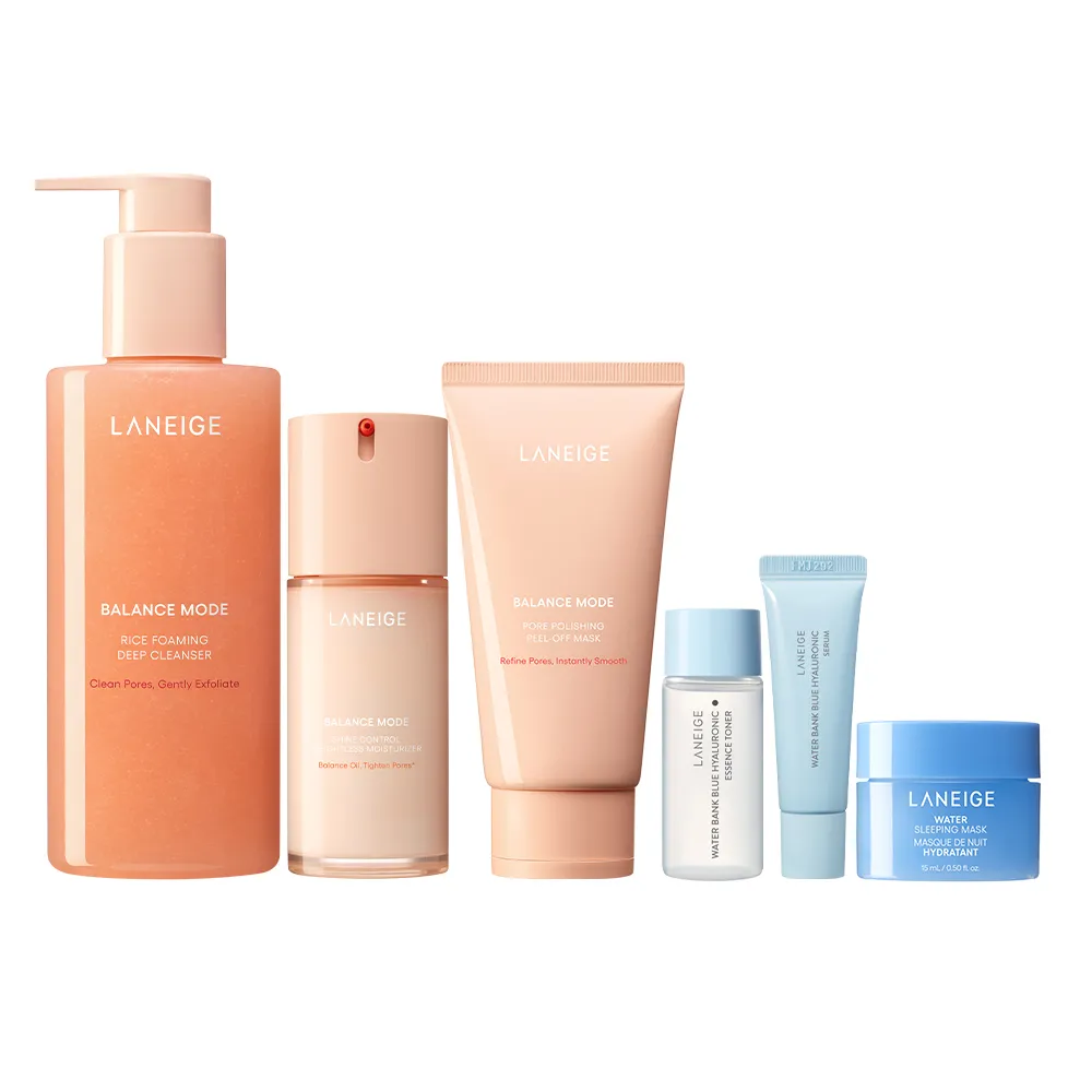【LANEIGE 蘭芝】官方直營 米活萃穩膚控油組(蘭芝 潔顏凝膠 乳液 面膜 洗面乳 送禮首選)