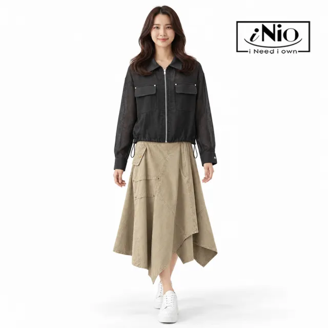 【iNio 衣著美學】不對稱V字斜襬鬆緊腰長裙 女斜式拼接造型裙 側拉鍊掀蓋口袋長裙  CHW2503