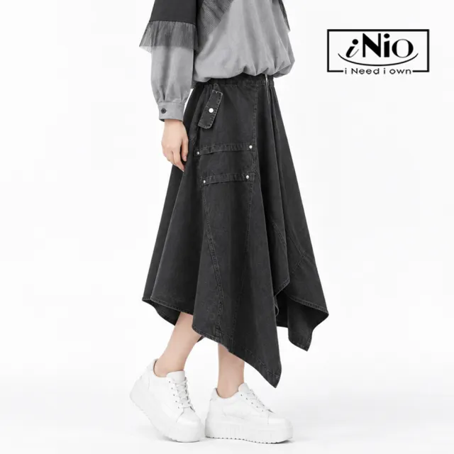 【iNio 衣著美學】不對稱V字斜襬鬆緊腰長裙 女斜式拼接造型裙 側拉鍊掀蓋口袋長裙  CHW2503