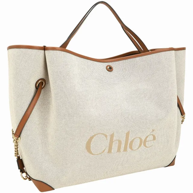 【Chloe’ 蔻依】Clover 大型 字母刺繡皮帶飾帆布手提 肩斜背包(陶土棕 托特包)