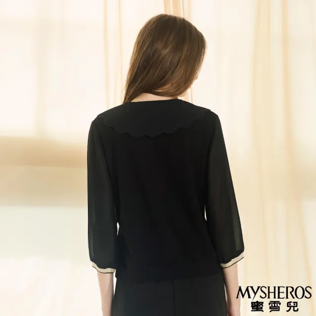 【MYSHEROS 蜜雪兒】七分袖造型上衣 波浪花邊領 法式愛心刺繡(黑)