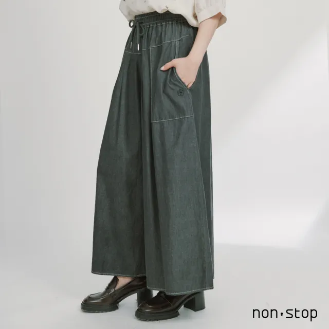 【non-stop】丹寧剪接打摺抽繩寬褲-2色