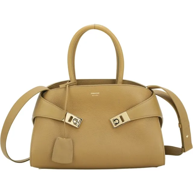 【Salvatore Ferragamo】HUG 中款 馬蹄金釦帶卵石紋牛皮手提/斜背托特包(棕色 兩用包 義大利百年精品)