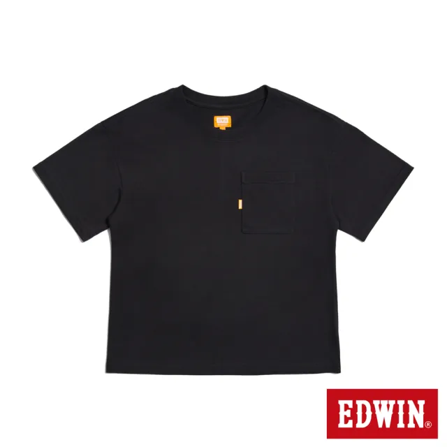 【EDWIN】女裝 橘標 方版口袋短袖T恤(黑色)