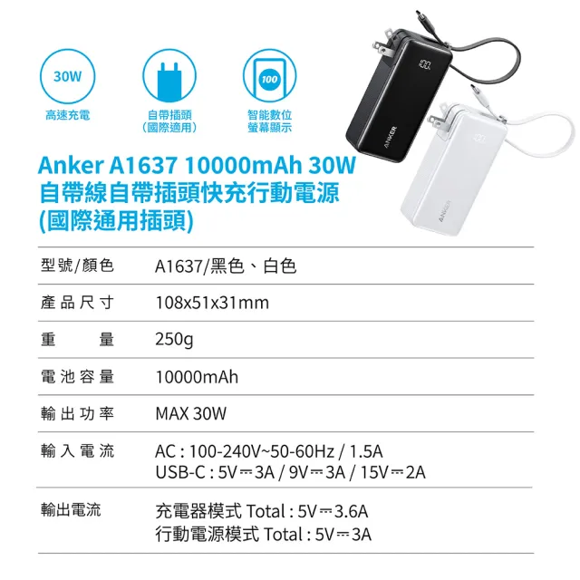 【Anker】官方授權直營 A1637 行動電源 10000mAh 30W 三合一自帶線自帶插頭(黑/白 Wh標示/螢幕顯示)