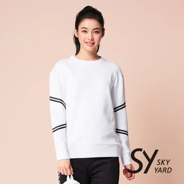 【SKY YARD】三角斜長條紋印花長袖衛衣-白色