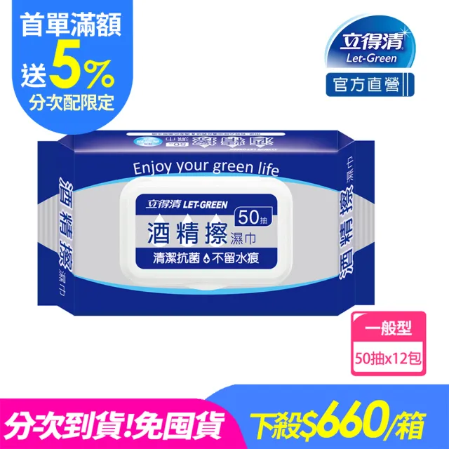 分次配【立得清】酒精擦濕紙巾 清潔抗菌 擦拭無水痕-食品及酒精(50抽x12包 檢驗證明有效抗菌率99.9%)
