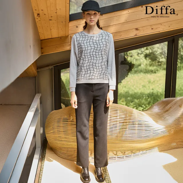 【Diffa】灰格織紋異素材拼接針織衫-女