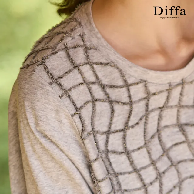 【Diffa】灰格織紋異素材拼接針織衫-女