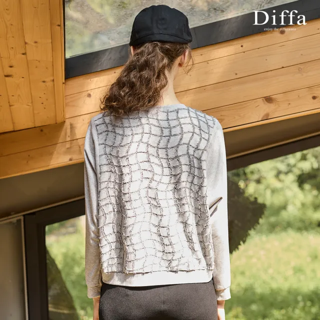【Diffa】灰格織紋異素材拼接針織衫-女