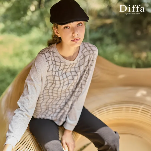 【Diffa】灰格織紋異素材拼接針織衫-女