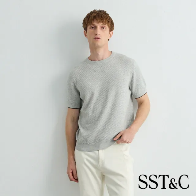 【SST&C】男裝_淺霧灰撞色袖口短袖針織衫81126917008(限時85折)