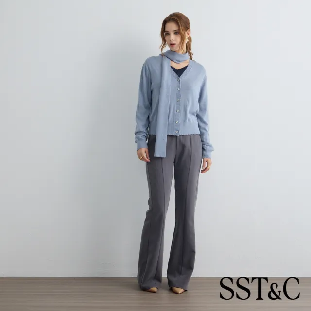 【SST&C】女裝_淺灰藍桑蠶絲羊毛針織開襟衫(附同色細圍巾)82126917005(限時85折)