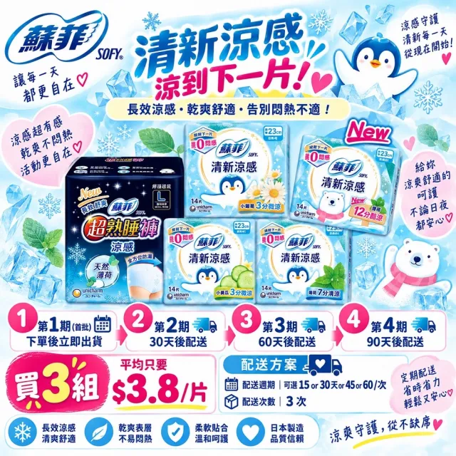分次配【Sofy 蘇菲】清新涼感薄荷/小黃瓜/洋甘菊 衛生棉箱購