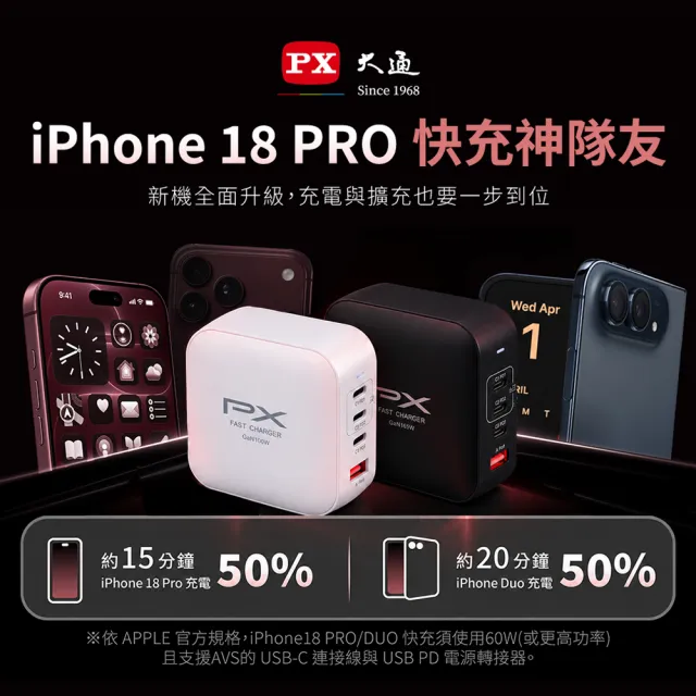 【PX 大通】送充電線165w瓦 充電頭iphone三星氮化鎵充電器usb蘋果type c 快充頭 100w筆電140w(UCP-165CB/W)