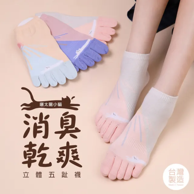 【蒂巴蕾】3雙組-消臭乾爽立體五趾襪-曬太陽小貓(除臭襪/消臭五指襪/除臭五指襪)