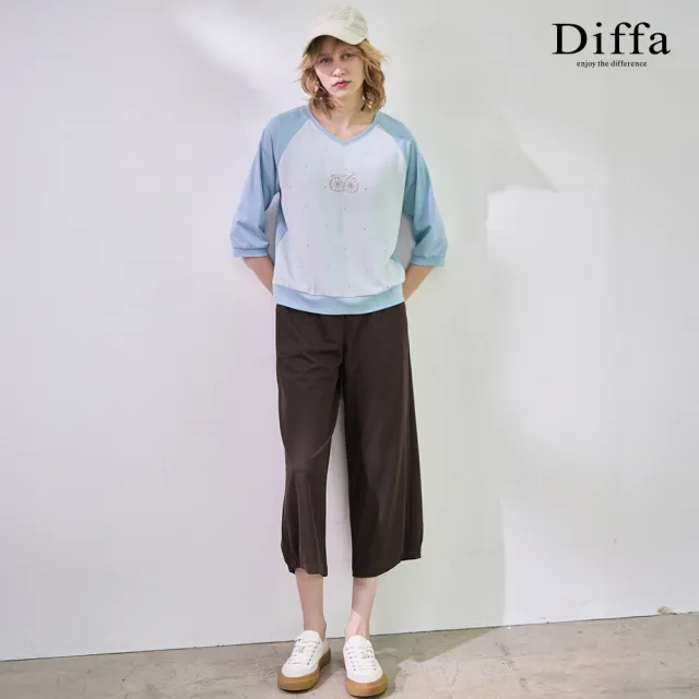 【Diffa】貓頭鷹印圖異素材拼接拉克蘭袖針織衫-女