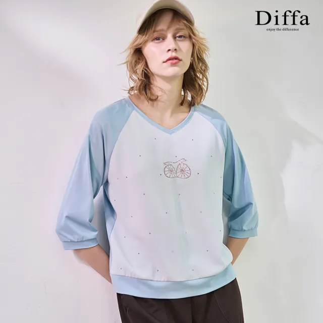 【Diffa】貓頭鷹印圖異素材拼接拉克蘭袖針織衫-女
