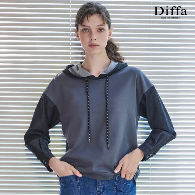 【Diffa】異素材拼接連帽落肩針織衫-女