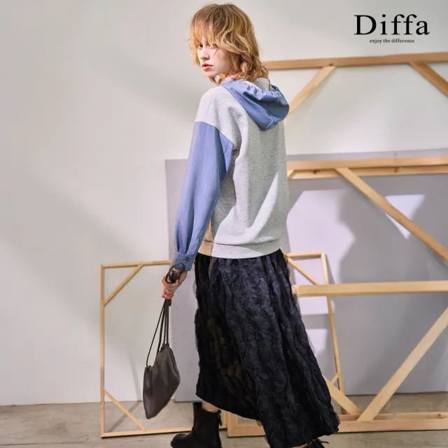 【Diffa】異素材拼接連帽落肩針織衫-女