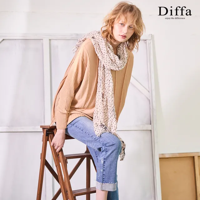 【Diffa】拐花波紋落肩長版線衫-女