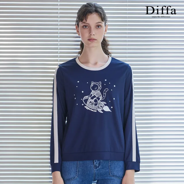 【Diffa】電繡太空貓咪圖騰針織衫-女