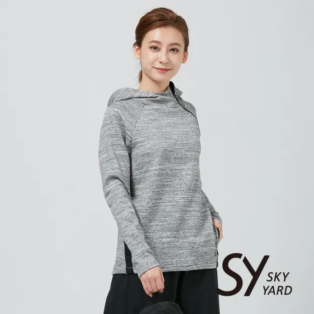 【SKY YARD】麻花色側頸拉鍊連帽長袖T恤-灰色