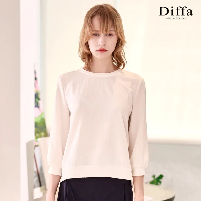 【Diffa】美型剪裁細格織紋圓領上衣-女