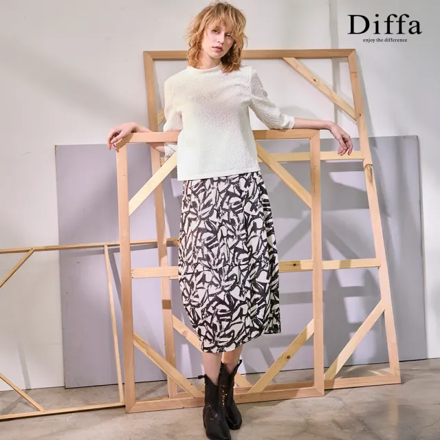 【Diffa】立領七分袖車褶泡泡緹花上衣-女