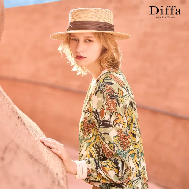 【Diffa】復古綠花拼接羅紋上衣-女