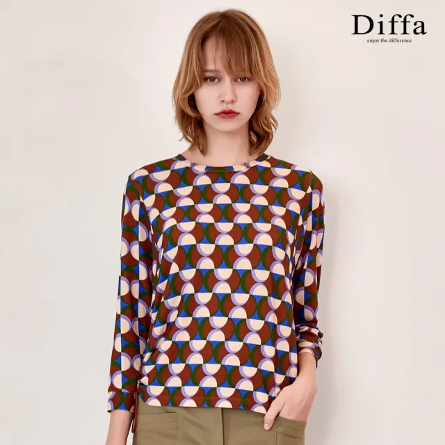 【Diffa】咖色幾何波點抽繩針織衫-女