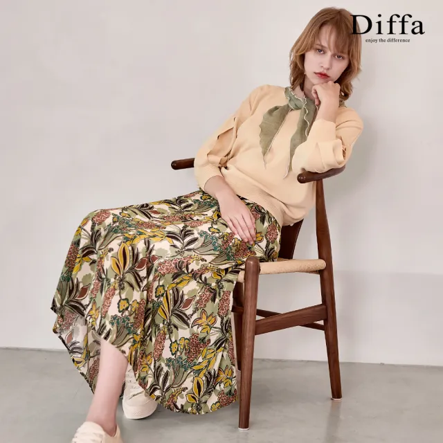 【Diffa】氣質綠花鬆緊腰長寬裙-女