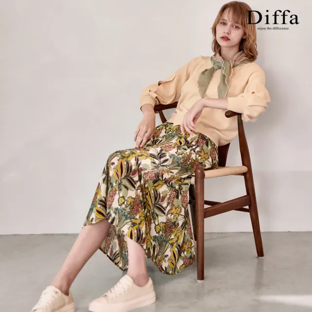 【Diffa】氣質綠花鬆緊腰長寬裙-女
