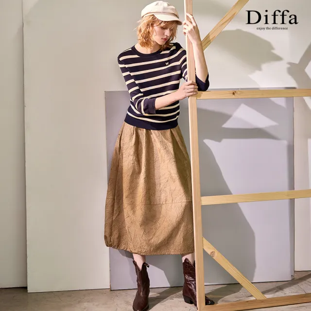 【Diffa】葉脈壓紋鬆緊腰長寬裙-女