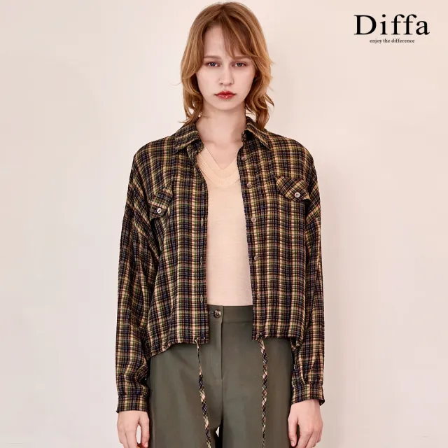 【Diffa】綠格織紋落肩綁帶上衣-女