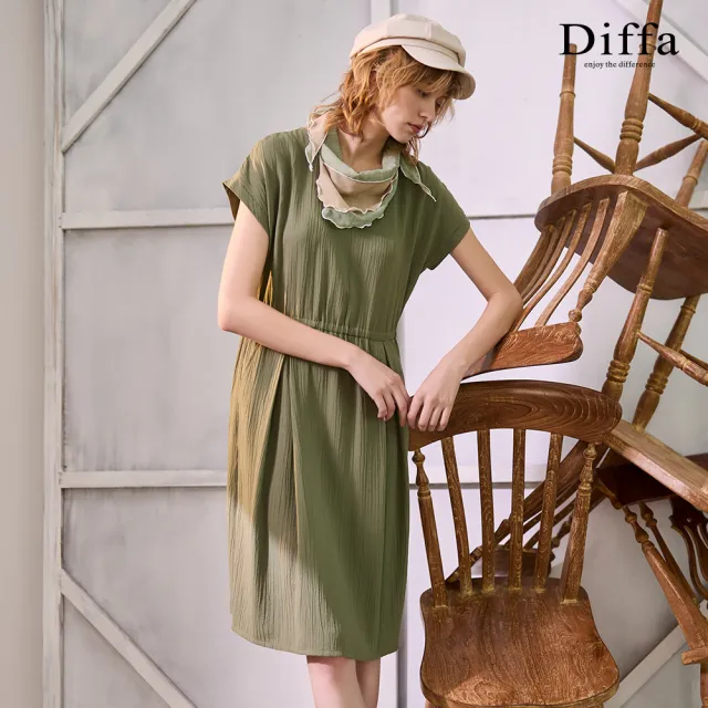 【Diffa】連袖車褶連身洋裝-女