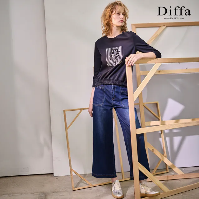 【Diffa】立體小花印條七分袖針織衫-女