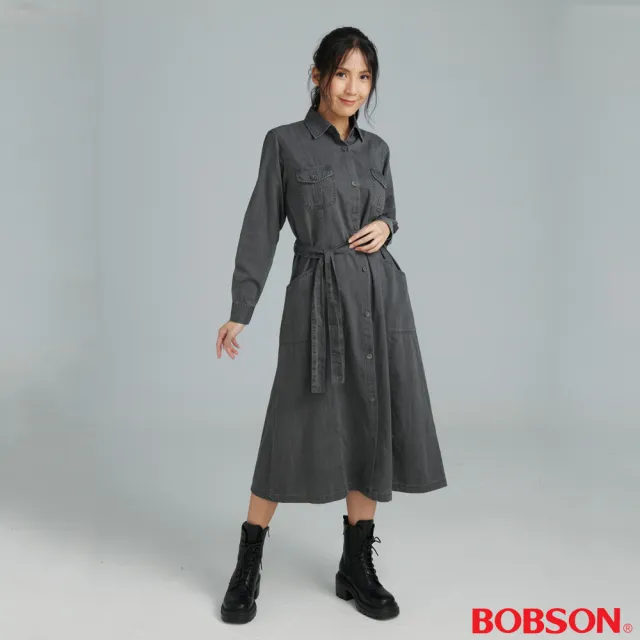 【BOBSON】女款綁帶後衩長版洋裝(GL0003-87)