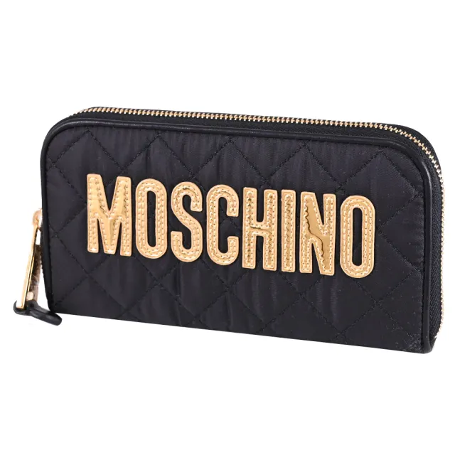 【MOSCHINO】亮金LOGO尼龍菱格紋絎縫拉鍊零錢長夾(黑)