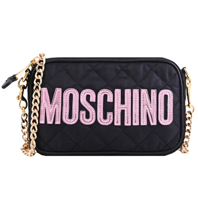 【MOSCHINO】漆皮LOGO菱格尼龍迷你鏈包手拿包斜背包(黑)