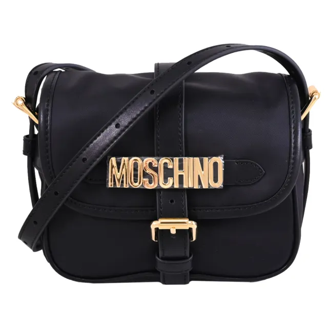 【MOSCHINO】金屬LOGO尼龍拼接迷你翻蓋馬鞍包斜背包(黑)