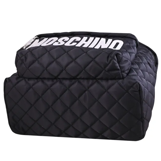 【MOSCHINO】亮銀LOGO菱格尼龍雙拉鍊大旅用包後背包(黑)