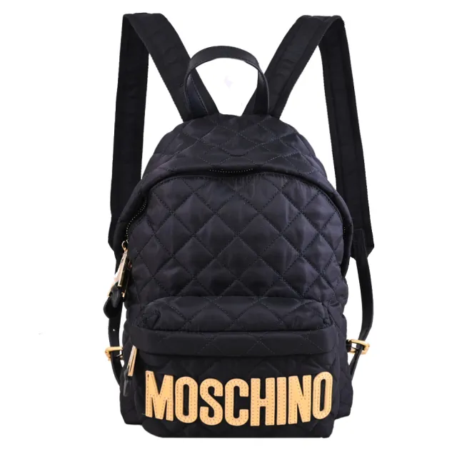 【MOSCHINO】亮金LOGO菱格尼龍雙拉鍊休閒包後背包(黑)